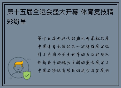 第十五届全运会盛大开幕 体育竞技精彩纷呈